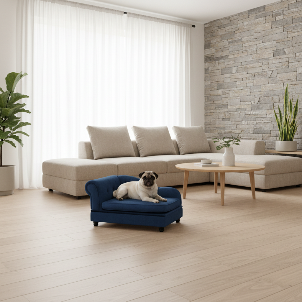 Navy Blue Pet Chaise Lounge with Dog